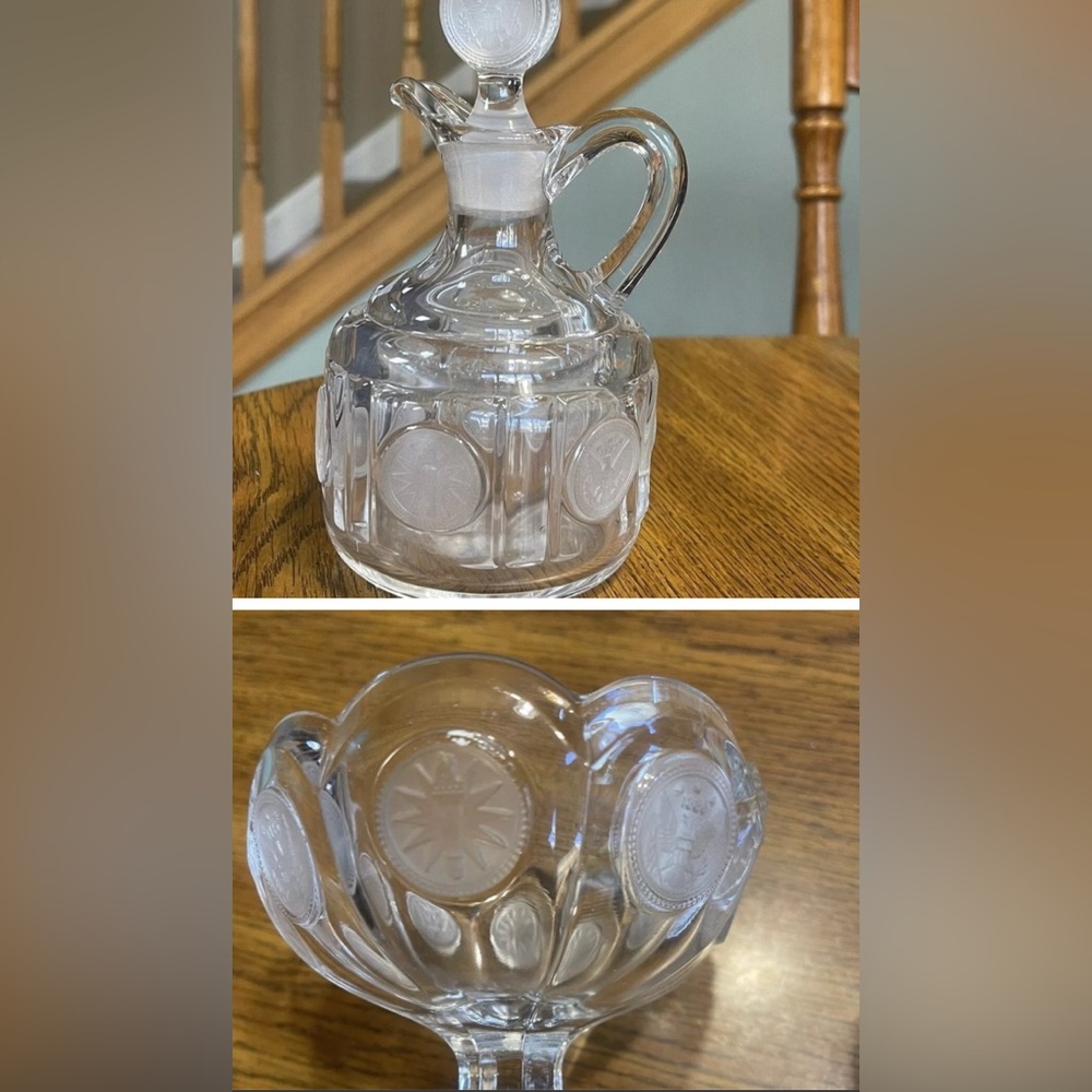 Vintage Fostoria Clear Coin Open Glass Dish Jam Jelly Compote & Cruet w/ Stopper - Picture 1 of 11